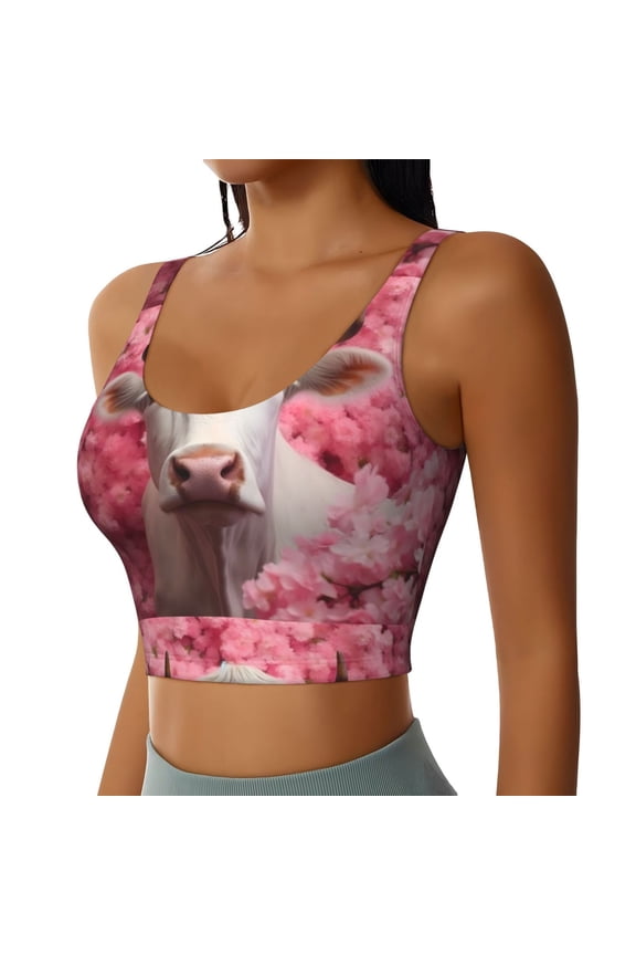 Flower White Cow Sports Bra for Women,Padded Strappy Sports Bras Medium Support Yoga Bra with Removable Cups,Running Yoga Bra-X-Large