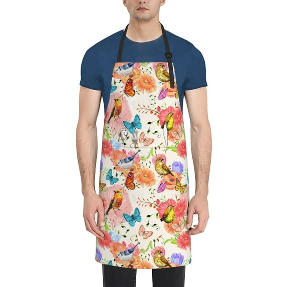 Picia Flowers And Birds Watercolor Waterproof Apron for Unisex Adult - Adjustable Bib Apron with Pockets, Ideal for Cooking, Gardening, Painting, and Household Chores