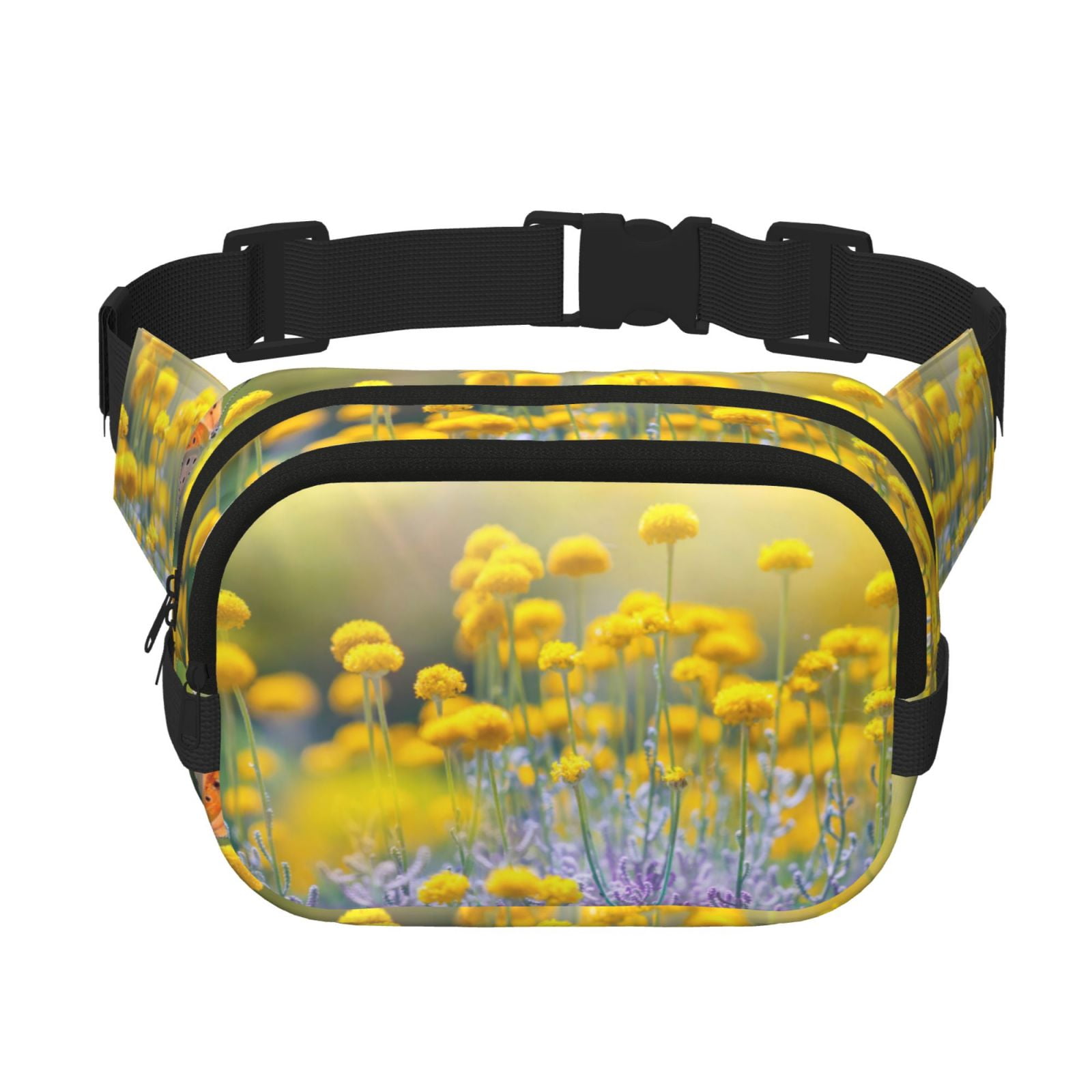 Picia Flowers And Butterflies Print Square Double-Layer Waist Bag Mini Adjustable Waist Belt Bag Exercise Running Travel Hiking