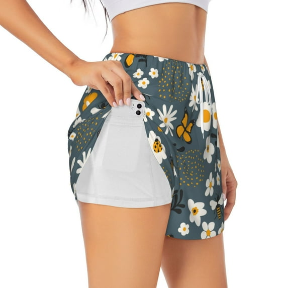 Picia Flowers and Bee Pattern Women's 2 in 1 Athletic Running Shorts High Waisted Workout Casual Gym Sweat Shorts with Comfy Liner Zipper Pockets-Large