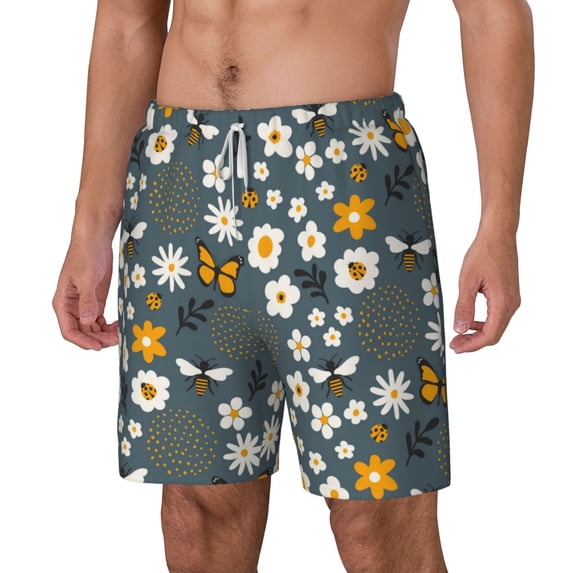 Picia Flowers and Bee pattern Mens Swim Trunks with Compression Liner Stretch Beach Shorts Quick Dry with Zipper Pockets No-Chafing Board Shorts-Large