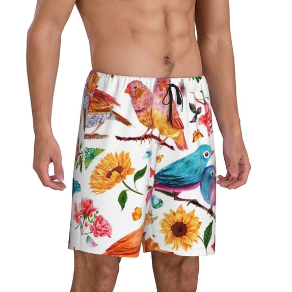 Picia Flowers Birds And Butterflies Pajama Shorts for Men, Men's Pajama Bottoms, Sleepwear,Short Pajama Pants-Small