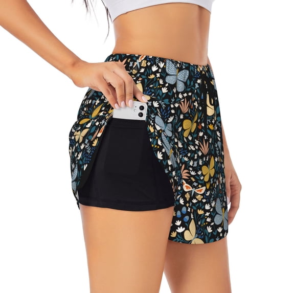 Picia Flowers Butterfly Pattern Women's 2 in 1 Athletic Running Shorts High Waisted Workout Casual Gym Sweat Shorts with Comfy Liner Zipper Pockets-Large