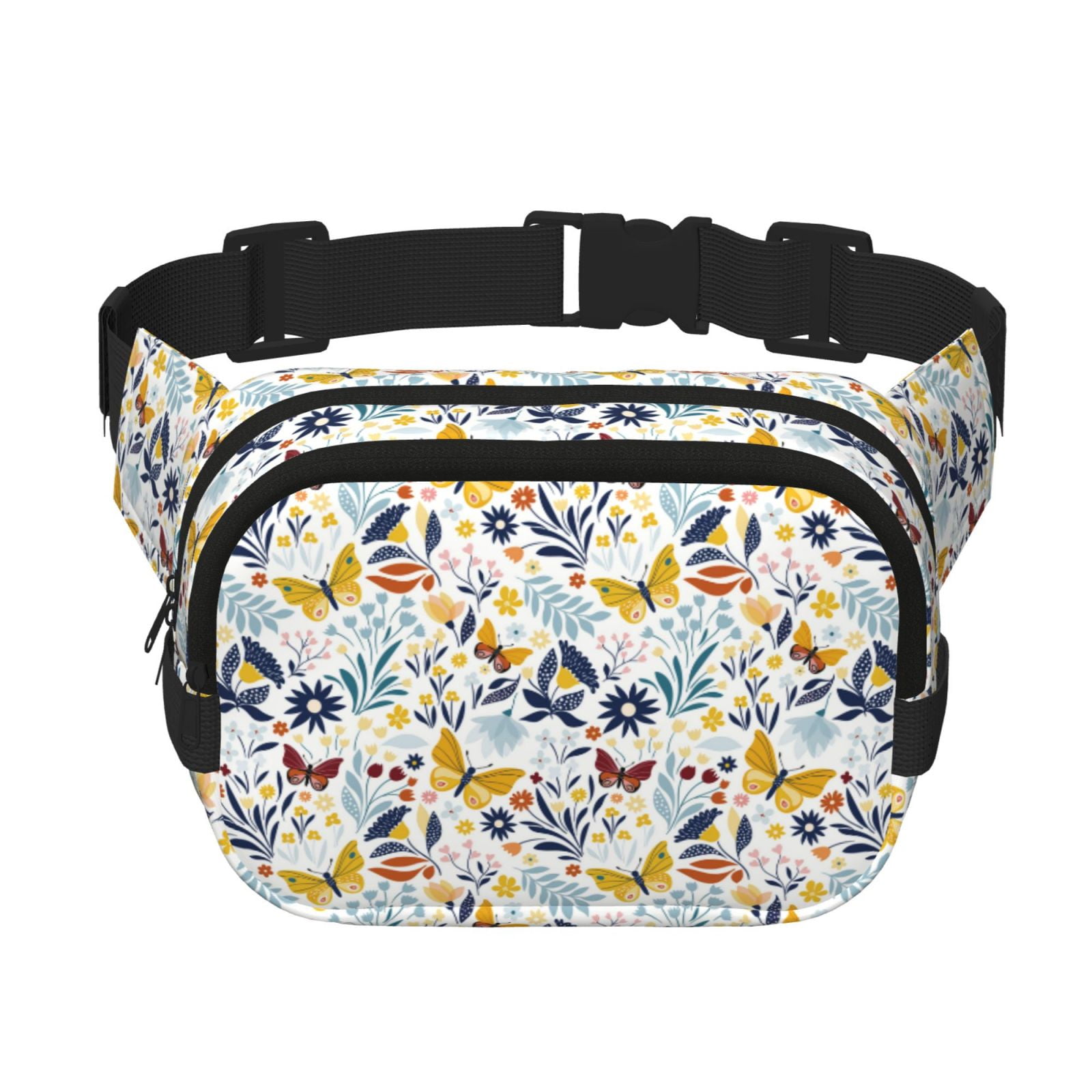 Picia Flowers Butterfly Print Square Double-Layer Waist Bag Mini Adjustable Waist Belt Bag Exercise Running Travel Hiking