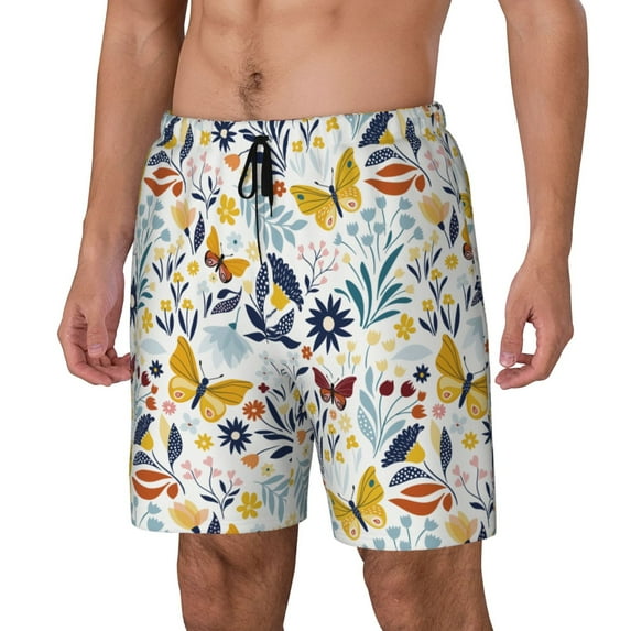 Picia Flowers Butterfly pattern Mens Swim Trunks with Compression Liner Stretch Beach Shorts Quick Dry with Zipper Pockets No-Chafing Board Shorts-XX-Large