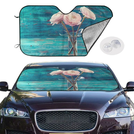 Picia Flowers in Glass Vase Curved Windshield Sunshade Accordion Folding Style Auto Shade for Car Truck SUV Van Blocks UV Ray Sun Visor Protector -Medium