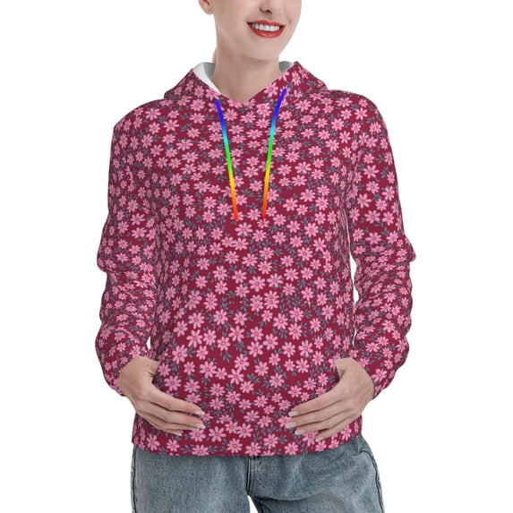 Picia Flowers With Green Leaves Pattern Casual Women's Hoodie, Hooded Sweatshirt with Kangaroo Pocket, Comfortable Pullover with Eye-catching Drawstrings-Large