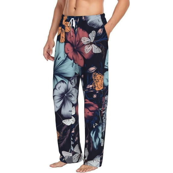 Picia Flowers ad Butterflies Mens Soft Woven Cotton Elastic Waistband Sleep Pajama Pant Lounge Sleep Pant With Pockets And Drawstring-Large