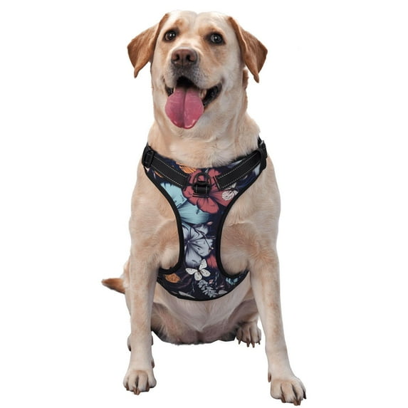 Picia Flowers ad Butterflies No-Pull Dog Harness Reflective Front Clip Vest with Handle,Step-in Air Dog Harness,Adjustable 2 Metal Rings 4 Buckles,Easy to Put on & Take Off Large
