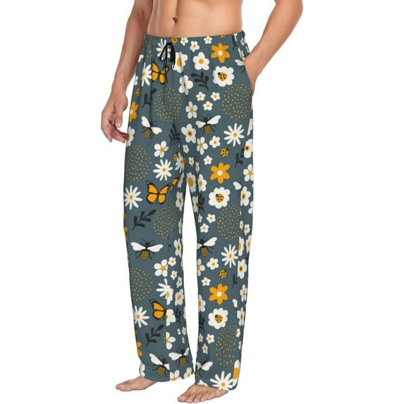 Picia Flowers and Bee Mens Soft Woven Cotton Elastic Waistband Sleep Pajama Pant Lounge Sleep Pant With Pockets And Drawstring-XX-Large