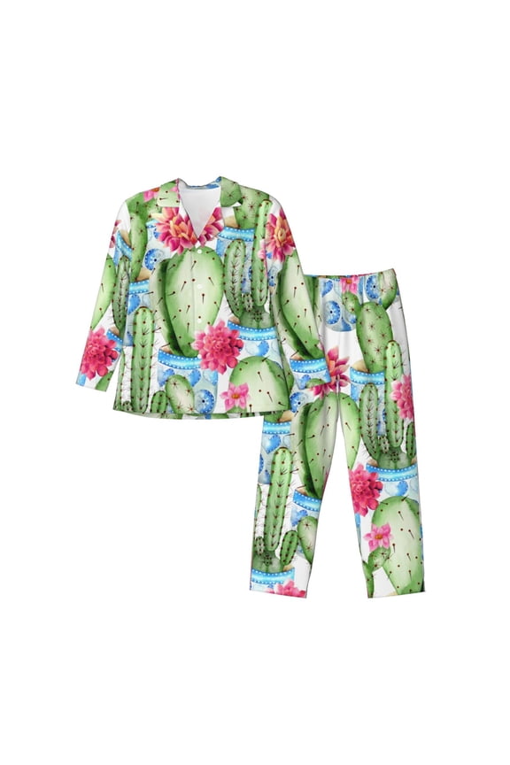 Flowers and Cactus Pattern Men’s Long-Sleeve Sleepwear Set - Soft 2-Piece Loungewear with Pockets, Comfy PJs for Relaxing Nights-Large