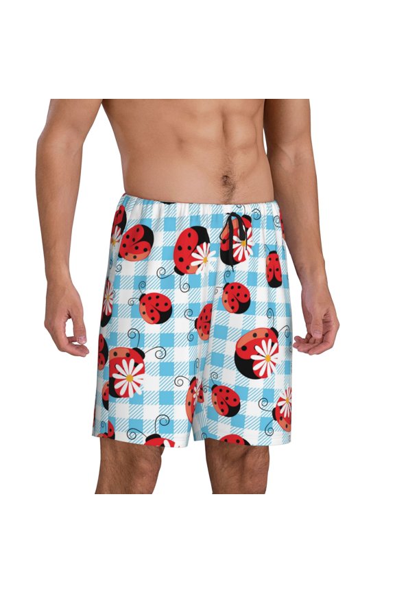 Flowers and Lady Bugs Pajama Shorts for Men, Men's Pajama Bottoms, Sleepwear,Short Pajama Pants-Medium