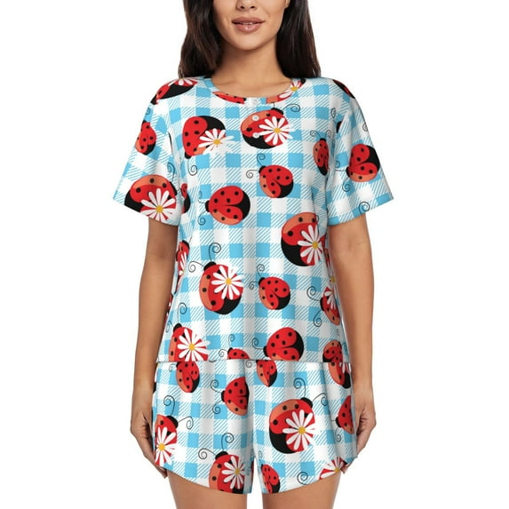 Picia Flowers and Lady Bugs Pajamas Sets for Women Soft Short-Sleeved Pjs with Lounge Shorts Two Piece Sleepwear-XX-Large