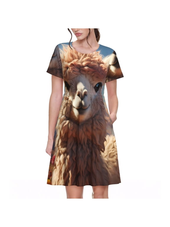 Fluffy Alpaca Mountain Meadow Pattern Women's Short Sleeve Summer Dress Pleated Loose Swing Knee Length Short Sleeve Swing Dresses