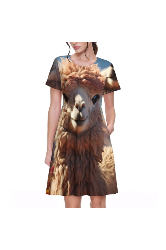 Fluffy Alpaca Mountain Meadow Pattern Women's Short Sleeve Summer Dress Pleated Loose Swing Knee Length Short Sleeve Swing Dresses