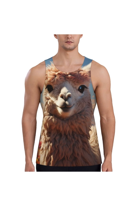 Fluffy Alpaca Mountain Meadow Printed Men’s Performance Tank, Men's Workout Tank Top Moisture-Wicking Tank Top Muscle tee, Breathable Workout Shirt-X-Large
