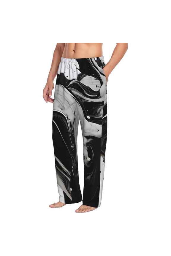 Fluid Black White Paint Swirls Mens Soft Woven Cotton Elastic Waistband Sleep Pajama Pant Lounge Sleep Pant With Pockets And Drawstring-Small