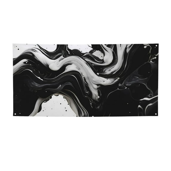 Picia Fluid Black White Paint Swirls Pattern Party Banner, Festive Decoration, Holiday Banner, Celebration Decor, Event Banner, Reusable Party Banner-Small
