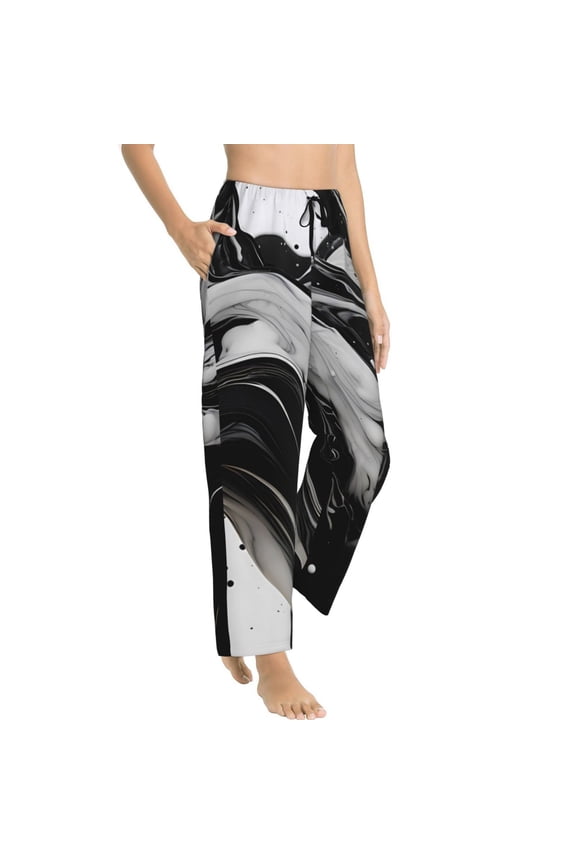 Fluid Black White Paint Swirls Womens Soft Woven Cotton Elastic Waistband Sleep Pajama Pant Lounge Sleep Pant With Pockets And Drawstring-Large