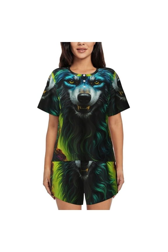 Fluorescent Wolf Pajamas Sets for Women Soft Short-Sleeved Pjs with Lounge Shorts Two Piece Sleepwear-Medium