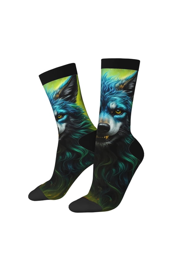 Fluorescent Wolf Print Athletic Socks for Men & Women – Cushioned Moisture-Wicking Crew Socks for Sports, Running, and Training, Soft & Breathable Size 5-11