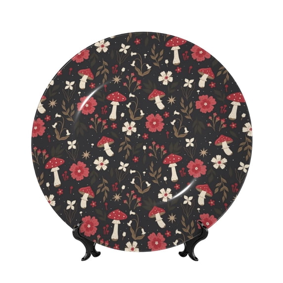 Picia Fly Agaric and Flowers Pattern Bone China Decorative Plate – Wall Decor with Stand and Adhesive, Elegant Ornament for Living Room, Office, or Entryway-6in