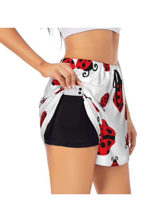 Fly Flying Ladybug Pattern Women's 2 in 1 Athletic Running Shorts High Waisted Workout Casual Gym Sweat Shorts with Comfy Liner Zipper Pockets-Medium