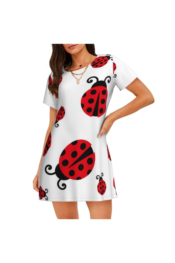 Fly Flying Ladybug Pattern Women’s Nightdress – Casual Short-sleeved Loose-Fit Sleepwear, Soft Cotton Short-Sleeve Sleep Shirt for Relaxation & Comfort