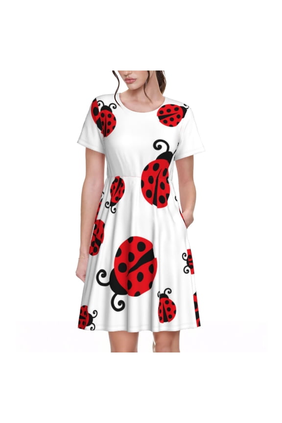 Fly Flying Ladybug Pattern Women's Short Sleeve Summer Dress Pleated Loose Swing Knee Length Short Sleeve Swing Dresses