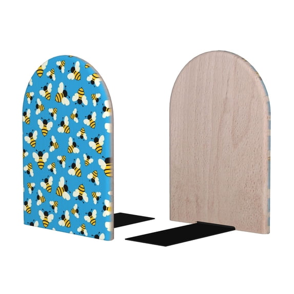 Picia Flying Bees Pattern Wood Bookends for Shelves,Non-slip Bookends, Heavy Duty Wooden Bookend Support,1 Pair