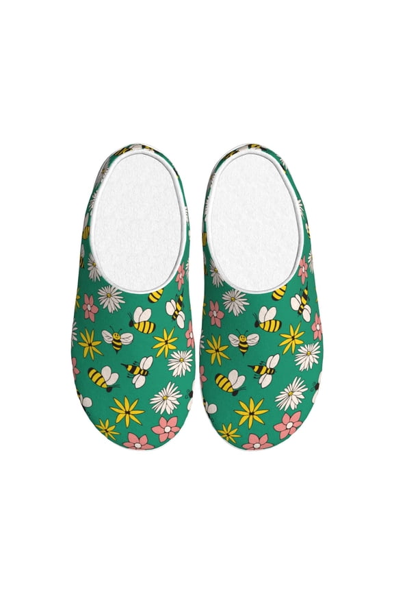 Flying Bees for Women's Lamb-hug Comfy Fleece House Slippers Memory Foam, Slip-on House Shoes Indoor Outdoor-35/36