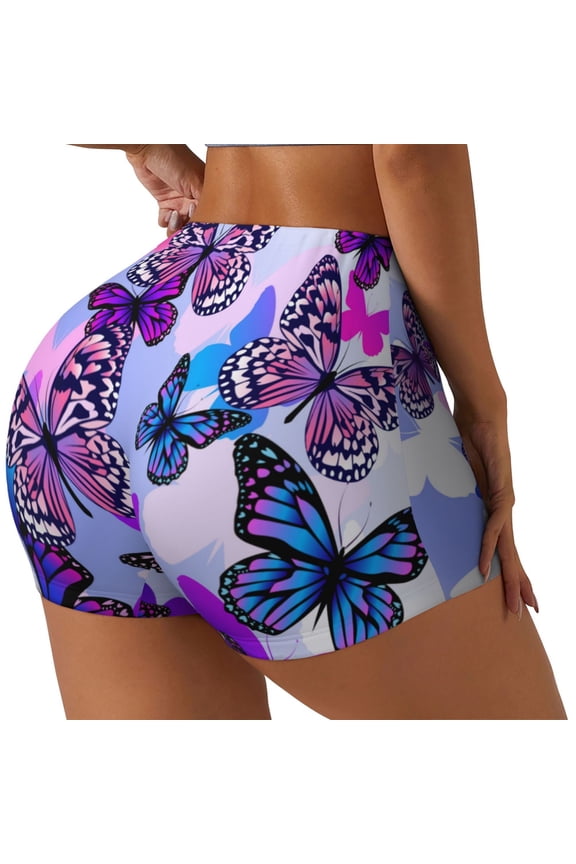 Flying Butterflies Printed Workout Shorts for Women Seamless Scrunch Butt Lifting High Waisted Yoga Gym Booty Running Moisture-wicking Short Pants-Large