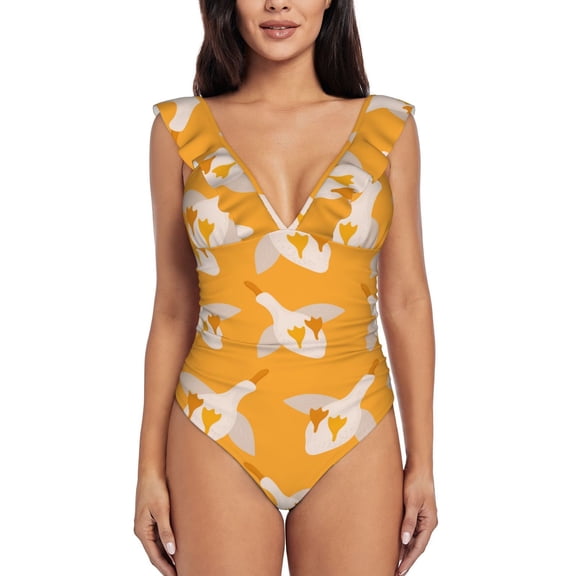 Picia Flying Ducks Blooming Jelly Womens Tummy Control Bathing Suits Slimming Ruffle Swimsuit One Piece Lace Swimwear-