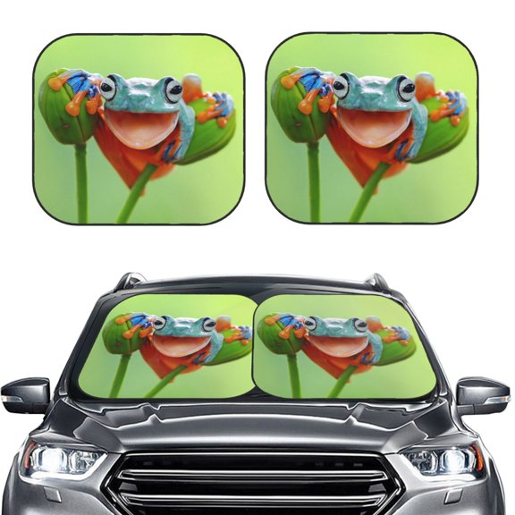 Picia Flying Frog On Branch 2 Piece Car Windshield Sun Shade Foldable | Foldable Sun Shield for Front Window Blocks UV Rays and Keeps Your Vehicle Cool-Small