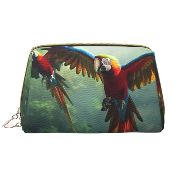 Picia Flying Parrots In Jungle Print Leather Makeup Bag Make Up Bag Travel Toiletry Bag for Her Girlfriend Teacher Teen Girl Gifts