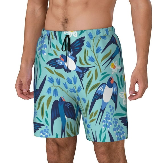 Picia Flying Swallows pattern Mens Swim Trunks with Compression Liner Stretch Beach Shorts Quick Dry with Zipper Pockets No-Chafing Board Shorts-Medium