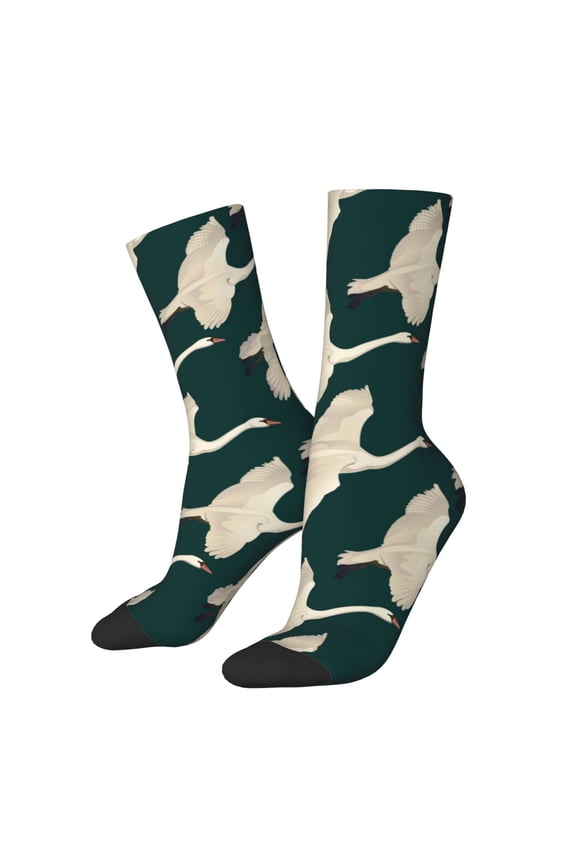Flying Swans Print Athletic Socks for Men & Women – Cushioned Moisture-Wicking Crew Socks for Sports, Running, and Training, Soft & Breathable Size 5-11