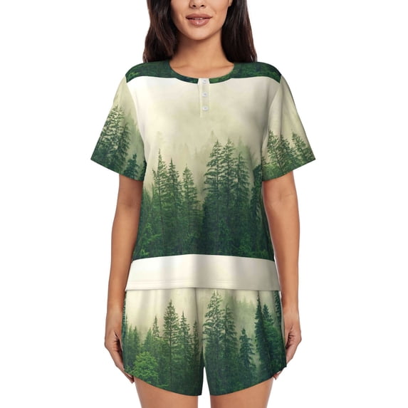 Picia Fog Forest Pajamas Sets for Women Soft Short-Sleeved Pjs with Lounge Shorts Two Piece Sleepwear-XX-Large