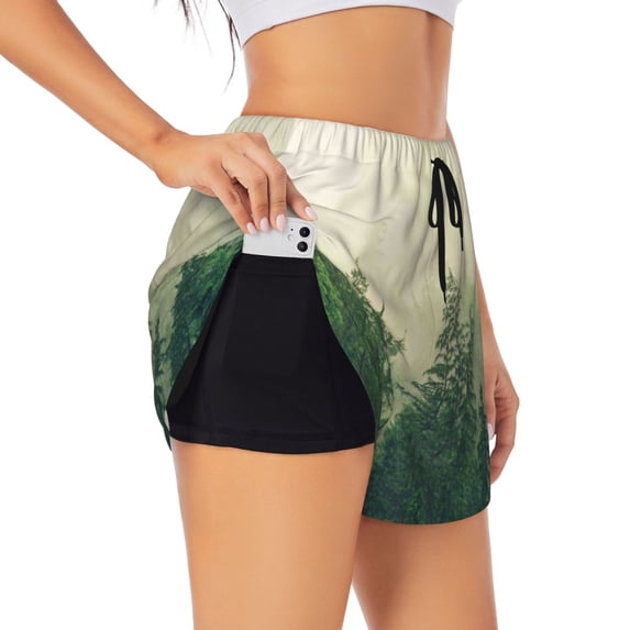 Picia Fog Forest Pattern Women's 2 in 1 Athletic Running Shorts High Waisted Workout Casual Gym Sweat Shorts with Comfy Liner Zipper Pockets-X-Large