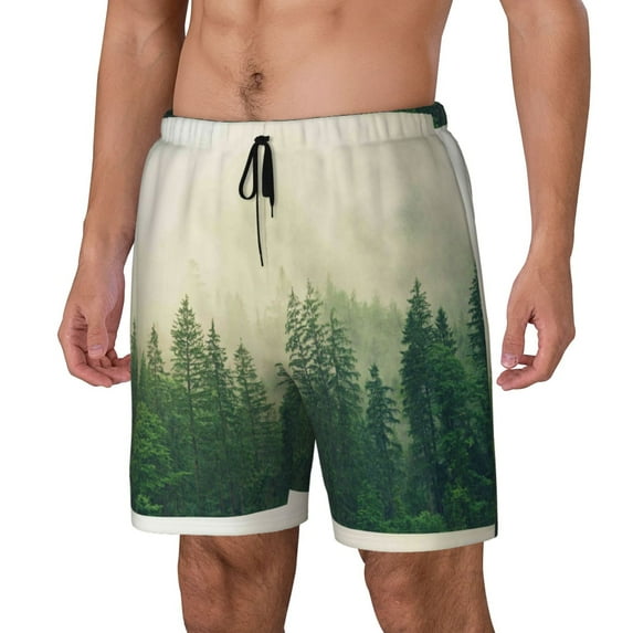 Picia Fog Forest pattern Mens Swim Trunks with Compression Liner Stretch Beach Shorts Quick Dry with Zipper Pockets No-Chafing Board Shorts-Small
