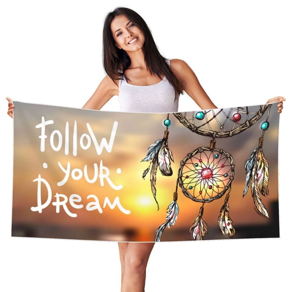 Picia Follow Your Dream Dreamcatcher Print Silver Fox Velvet Beach Towel,Quick-Dry Beach Towel,Lightweight Travel Towel,Portable Beach Towels