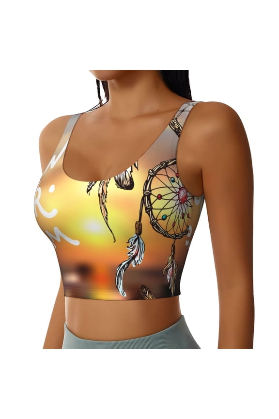 Follow Your Dream Dreamcatcher Sports Bra for Women,Padded Strappy Sports Bras Medium Support Yoga Bra with Removable Cups,Running Yoga Bra-Large