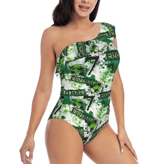 Picia Football 7 Pattern Women's One Piece Swimsuits,One Shoulder Swimwear Asymmetric ,Ruffle Monokinis Bathing Suits,High Waisted Flattering Bathing Suits-