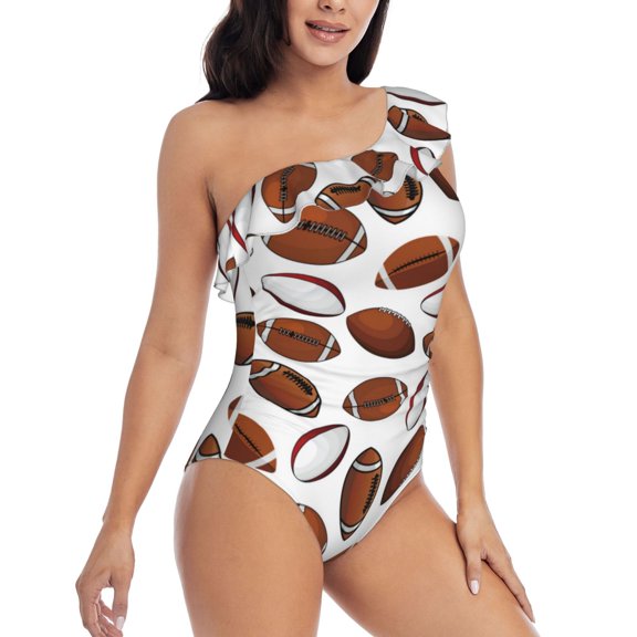 Picia Football Pattern Women's One Piece Swimsuits,One Shoulder Swimwear Asymmetric ,Ruffle Monokinis Bathing Suits,High Waisted Flattering Bathing Suits-X-Large