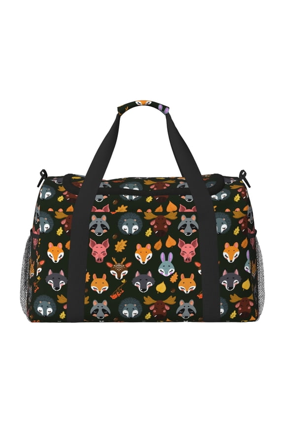 Forest Animal Faces Print Travel Duffle Bag,Weekender Bags for Women with Shoe Compartment, Gym Duffel Bag with Wet Pocket, Hospital Bags for Labor and Delivery