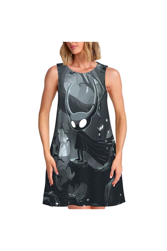 Forest Black Ghost Warrior Print Women’s Sleeveless Midi Swing Dress – A-Line Pleated Tank Sundress, Comfortable and Flowy T-Shirt Dress