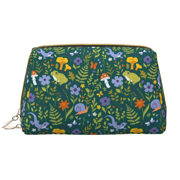Picia Forest Flora And Fauna Print Leather Makeup Bag Make Up Bag Travel Toiletry Bag for Her Girlfriend Teacher Teen Girl Gifts