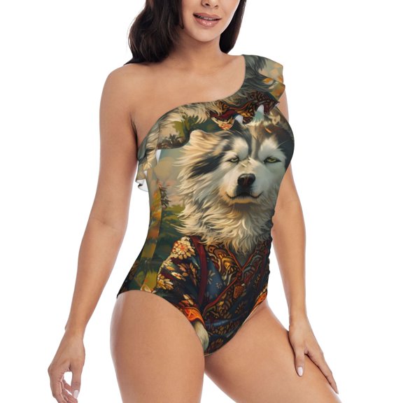 Picia Forest Maple Leaf Husky Pattern Women's One Piece Swimsuits,One Shoulder Swimwear Asymmetric ,Ruffle Monokinis Bathing Suits,High Waisted Flattering Bathing Suits-XX-Large