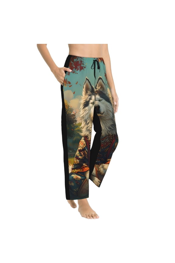 Forest Maple Leaf Husky Womens Soft Woven Cotton Elastic Waistband Sleep Pajama Pant Lounge Sleep Pant With Pockets And Drawstring-Small