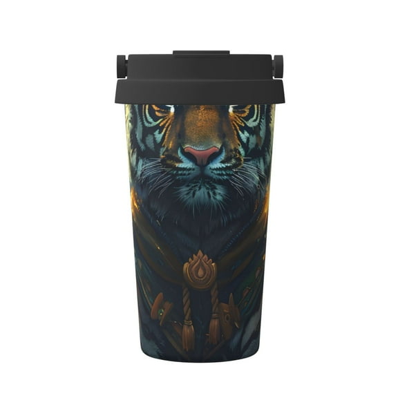 Picia Forest Meditating Tiger Pattern 500ml Carry Insulated Coffee Mug, Stainless Steel Travel Mug with Hidden Handle, Leak-Proof for Car, Office, Home, and Outdoor Use